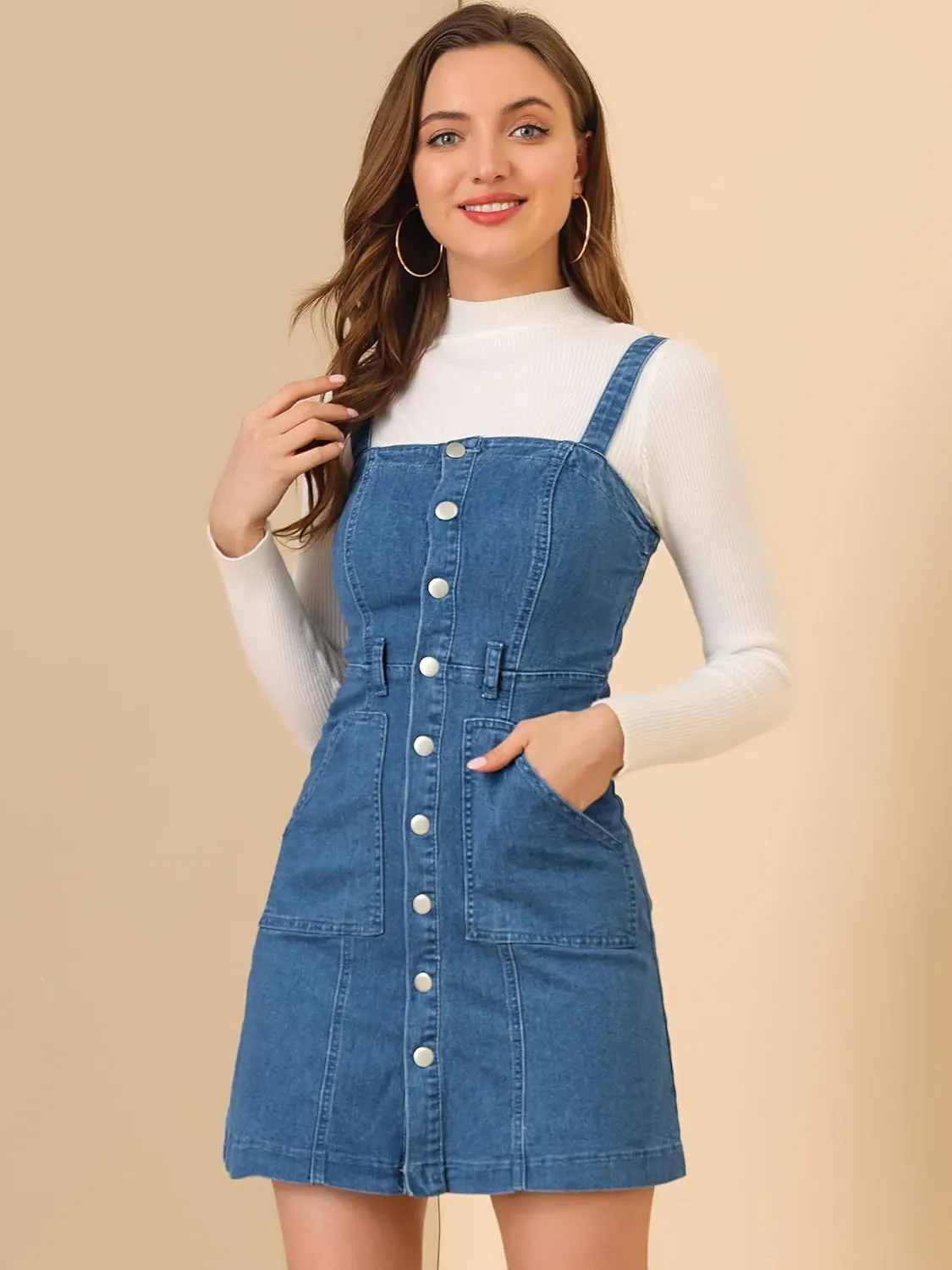 Allegra K Women's Classic Overall Dresses Adjustable Strap Pinafore Denim Jean Dress