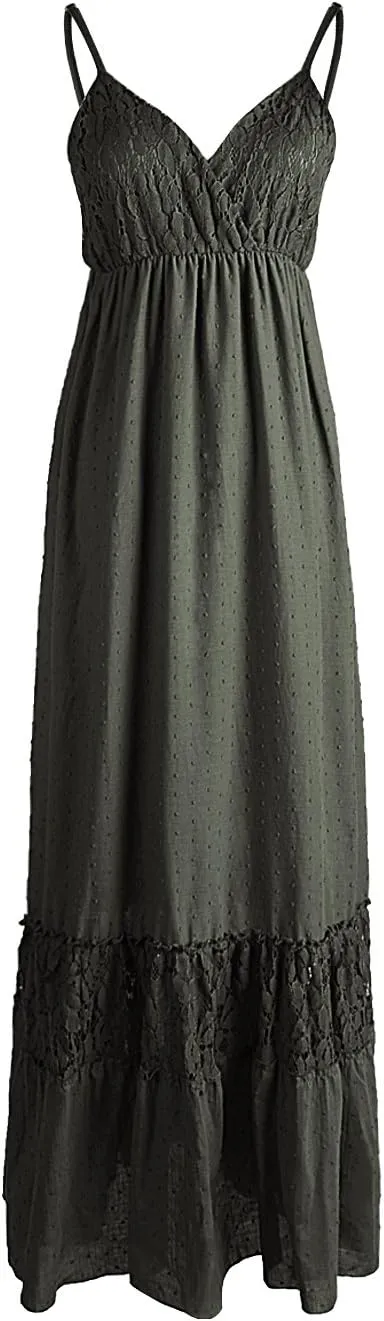 Anna-Kaci Womens Adjustable Spaghetti Strap Sleeveless Long Lace Boho Dress