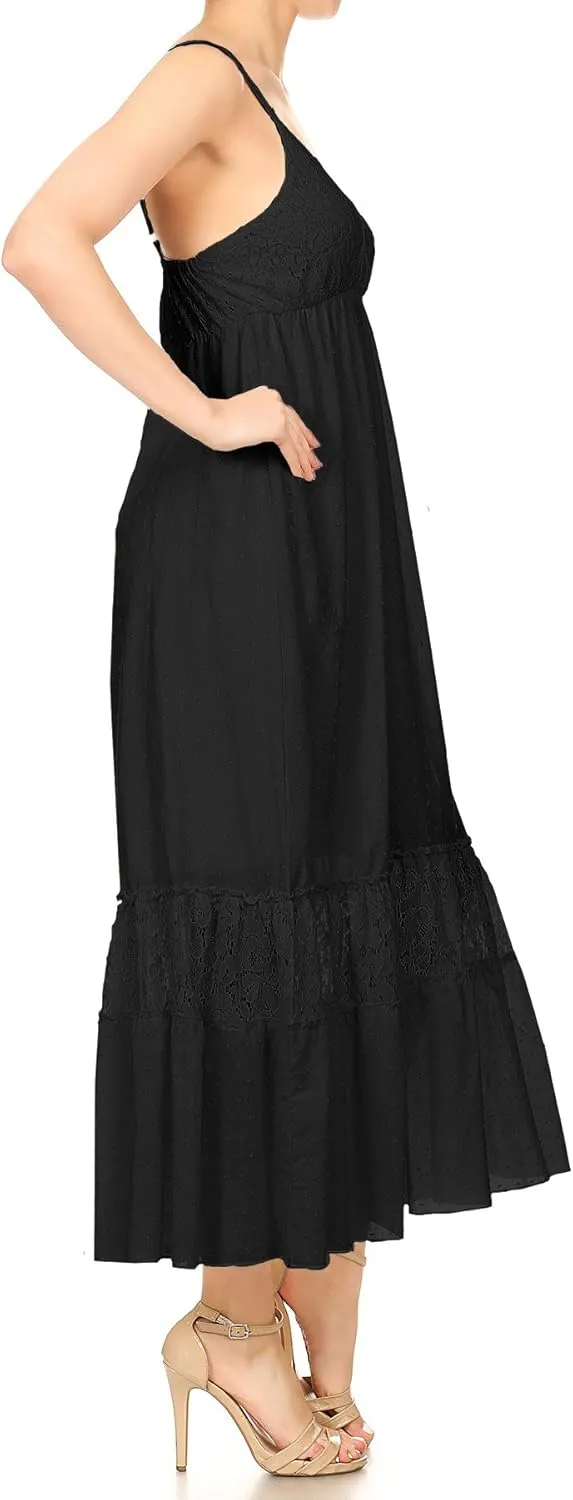 Anna-Kaci Womens Adjustable Spaghetti Strap Sleeveless Long Lace Boho Dress