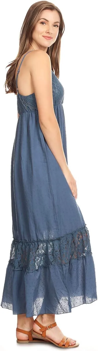 Anna-Kaci Womens Adjustable Spaghetti Strap Sleeveless Long Lace Boho Dress