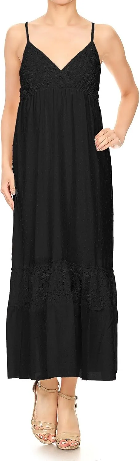 Anna-Kaci Womens Adjustable Spaghetti Strap Sleeveless Long Lace Boho Dress