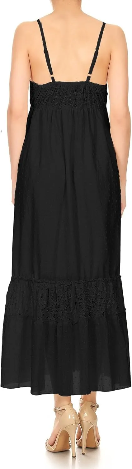 Anna-Kaci Womens Adjustable Spaghetti Strap Sleeveless Long Lace Boho Dress