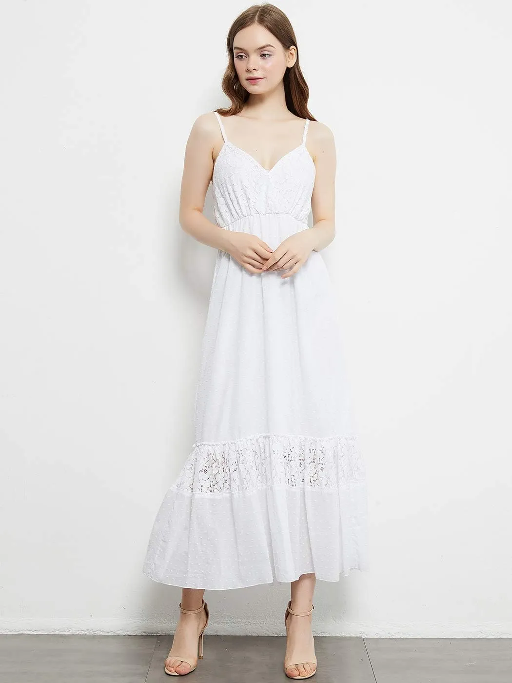 Anna-Kaci Womens Adjustable Spaghetti Strap Sleeveless Long Lace Boho Dress