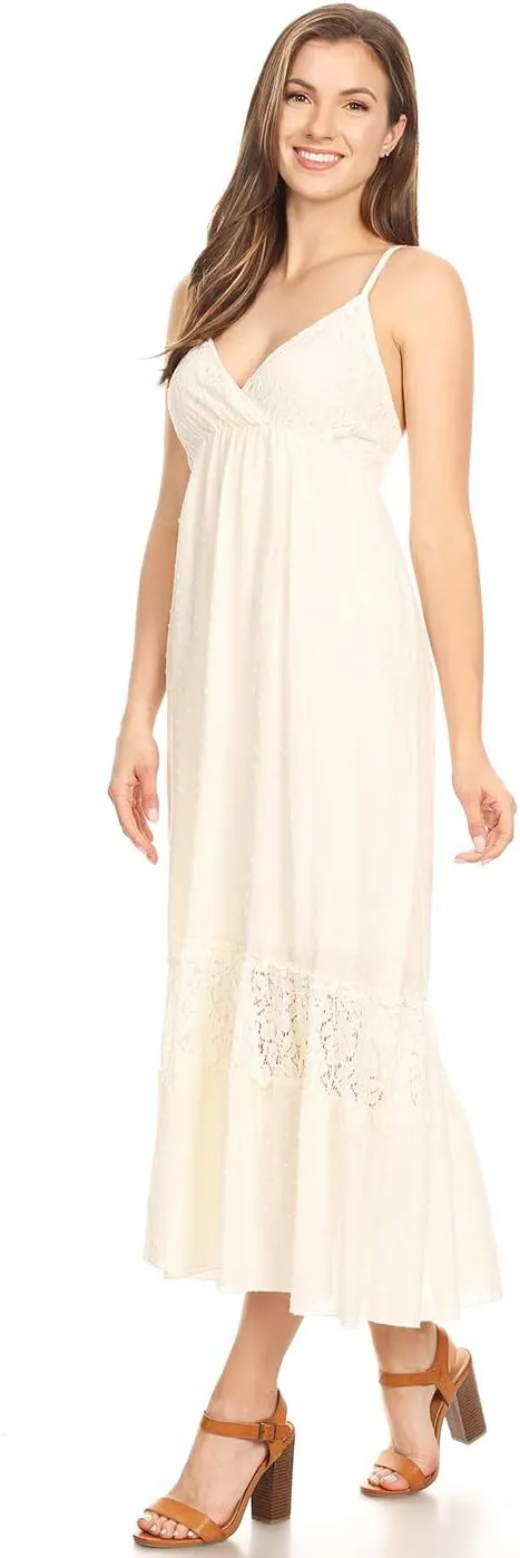 Anna-Kaci Womens Adjustable Spaghetti Strap Sleeveless Long Lace Boho Dress
