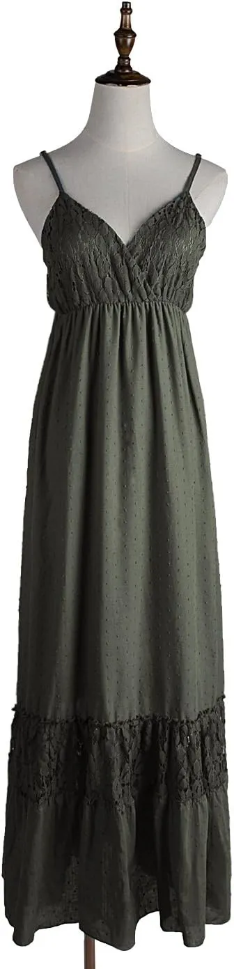 Anna-Kaci Womens Adjustable Spaghetti Strap Sleeveless Long Lace Boho Dress
