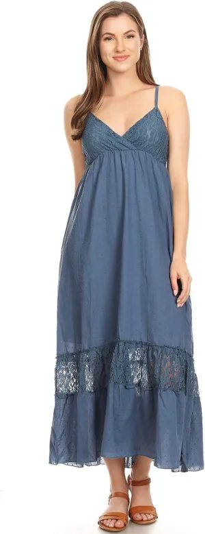 Anna-Kaci Womens Adjustable Spaghetti Strap Sleeveless Long Lace Boho Dress