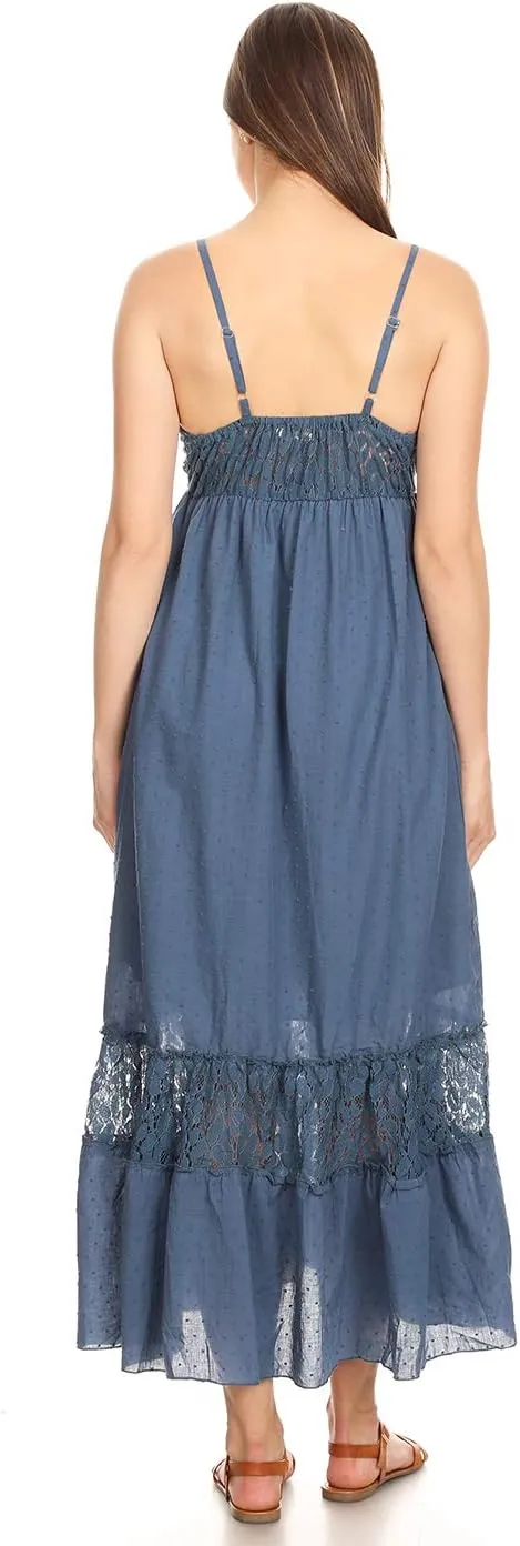 Anna-Kaci Womens Adjustable Spaghetti Strap Sleeveless Long Lace Boho Dress