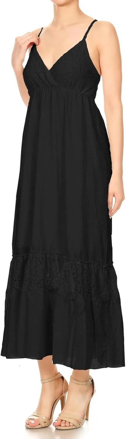 Anna-Kaci Womens Adjustable Spaghetti Strap Sleeveless Long Lace Boho Dress