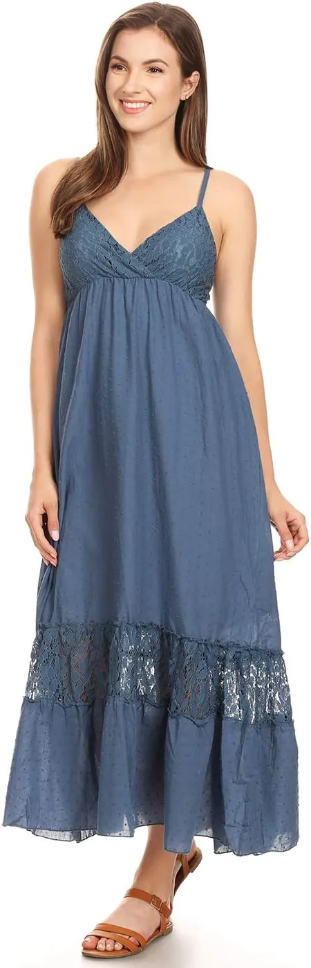 Anna-Kaci Womens Adjustable Spaghetti Strap Sleeveless Long Lace Boho Dress