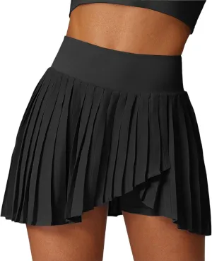 Anna-Kaci Women's High Waist Pleated Skort with Built-in Shorts and Asymmetrical Wrap Design