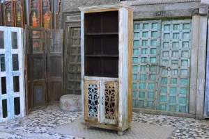 Antique Indian Jali Hand Carved Solid Wooden Bookshelves Natural 84x45x210cm A058