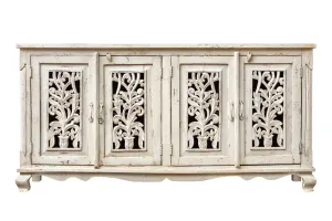 Antique Indian Jali Hand Carved Solid Wooden Sideboard Whitewash 180x40x89cm A0269