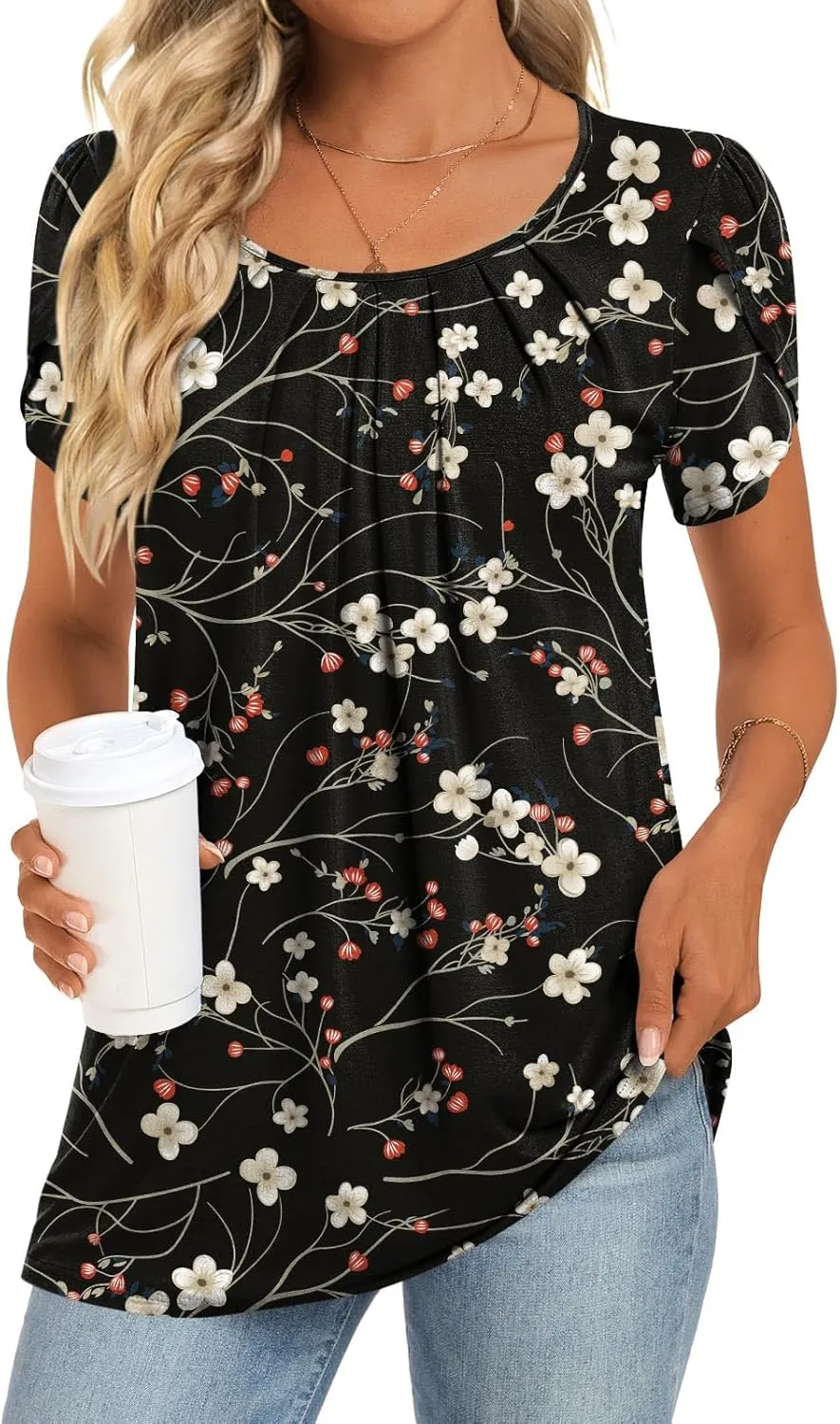 Anymeet Womens Tops 2025 Spring Summer Tunic Short Sleeve Casual Shirts Pleated Blouses for Leggings M-3XL