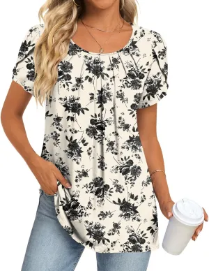Anymeet Womens Tops 2025 Spring Summer Tunic Short Sleeve Casual Shirts Pleated Blouses for Leggings M-3XL