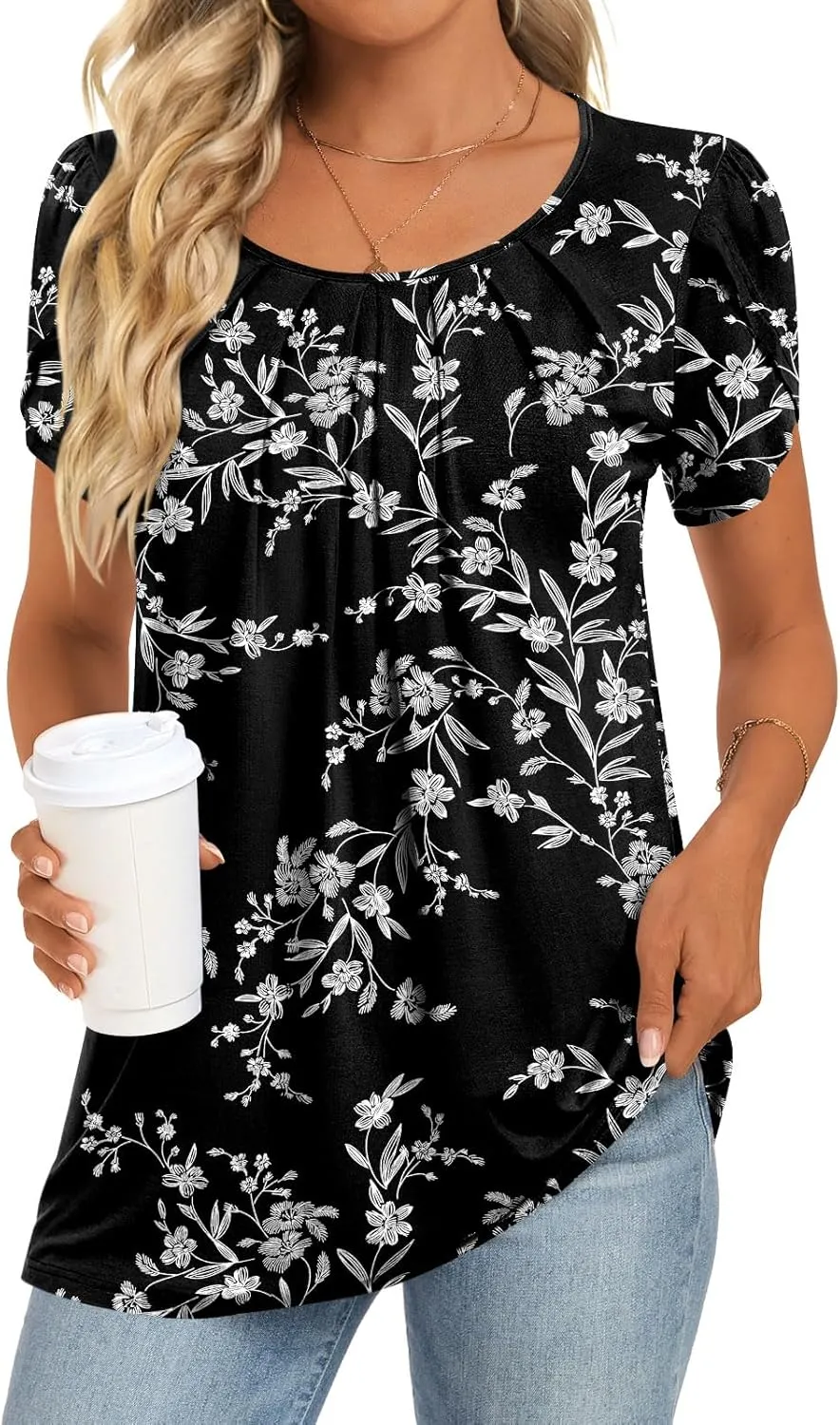 Anymeet Womens Tops 2025 Spring Summer Tunic Short Sleeve Casual Shirts Pleated Blouses for Leggings M-3XL