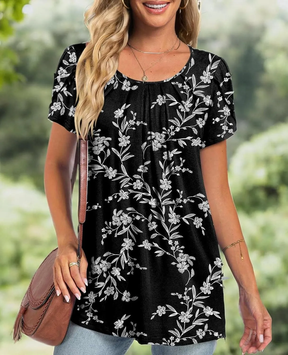 Anymeet Womens Tops 2025 Spring Summer Tunic Short Sleeve Casual Shirts Pleated Blouses for Leggings M-3XL