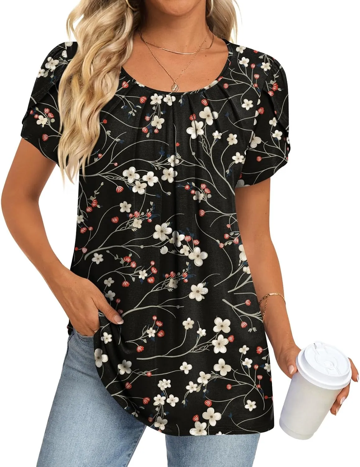 Anymeet Womens Tops 2025 Spring Summer Tunic Short Sleeve Casual Shirts Pleated Blouses for Leggings M-3XL