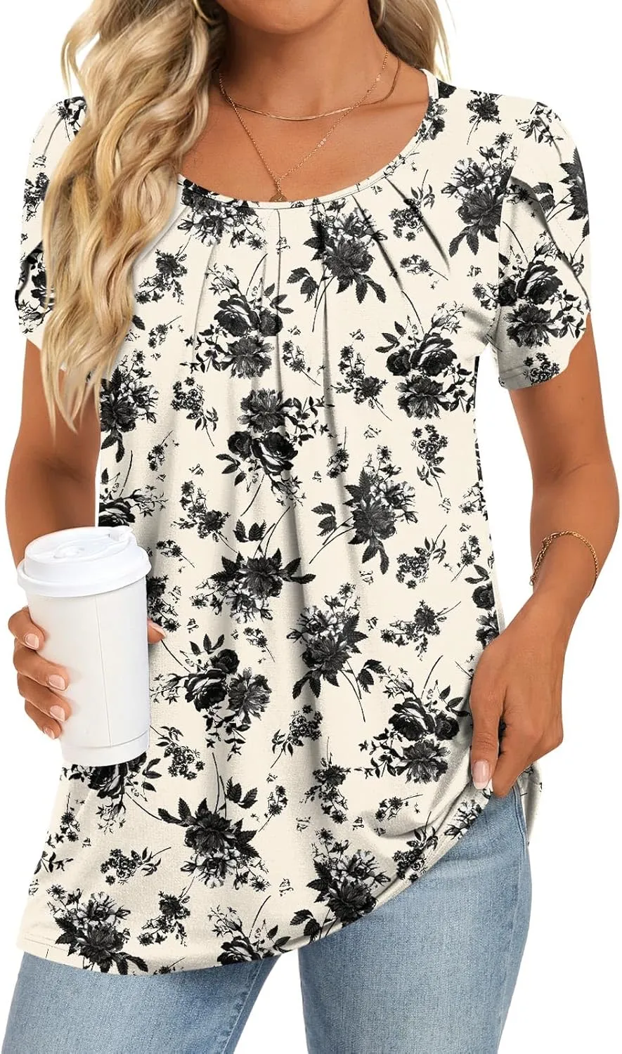Anymeet Womens Tops 2025 Spring Summer Tunic Short Sleeve Casual Shirts Pleated Blouses for Leggings M-3XL