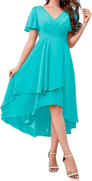 ANYSWBKN Tea Length Bridesmaid Prom Dresses for Juniors V-Neck Short Sleeves Chiffon Evening Formal Gala Garden Gown