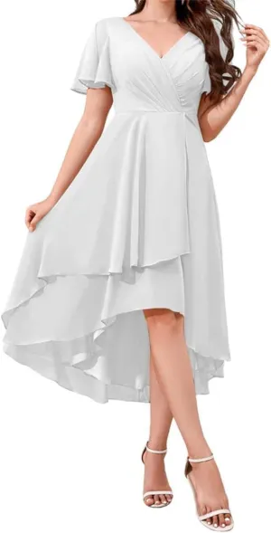 ANYSWBKN Tea Length Bridesmaid Prom Dresses for Juniors V-Neck Short Sleeves Chiffon Evening Formal Gala Garden Gown