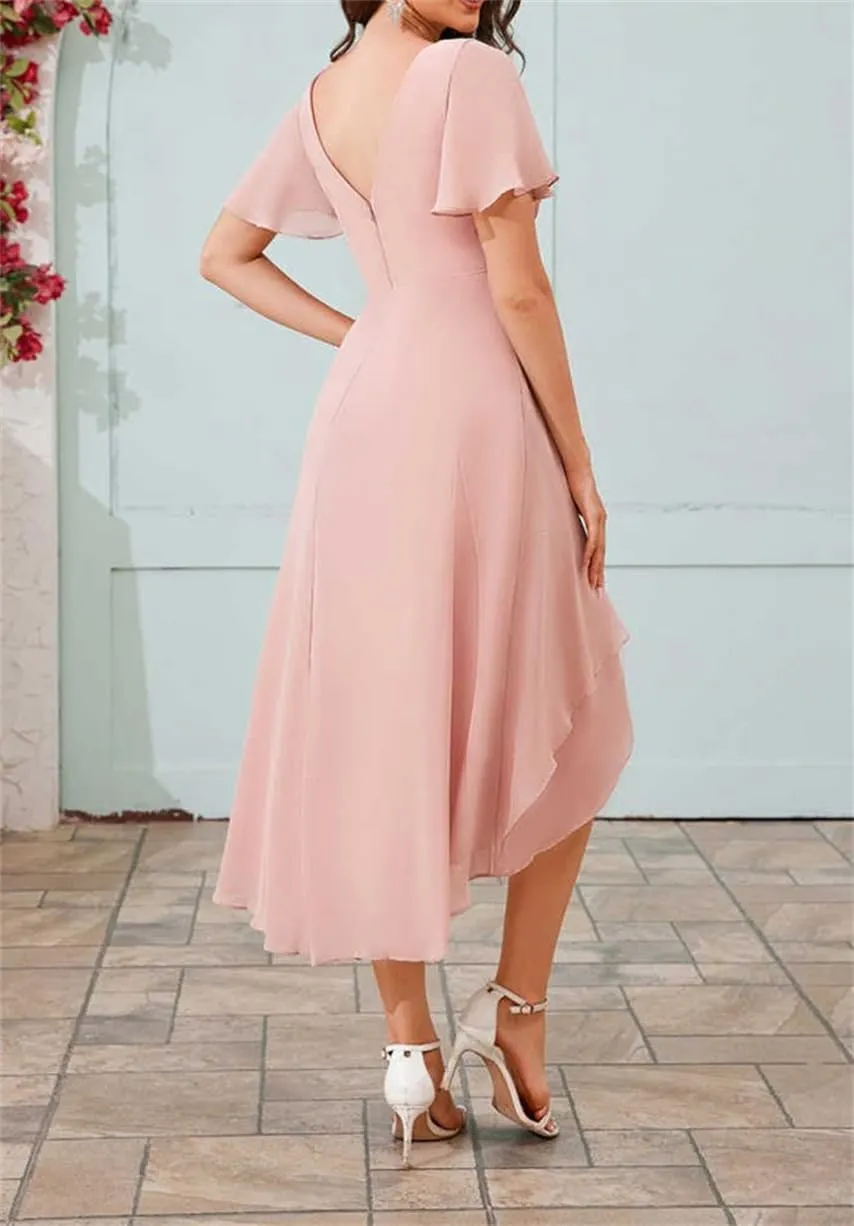 ANYSWBKN Tea Length Bridesmaid Prom Dresses for Juniors V-Neck Short Sleeves Chiffon Evening Formal Gala Garden Gown
