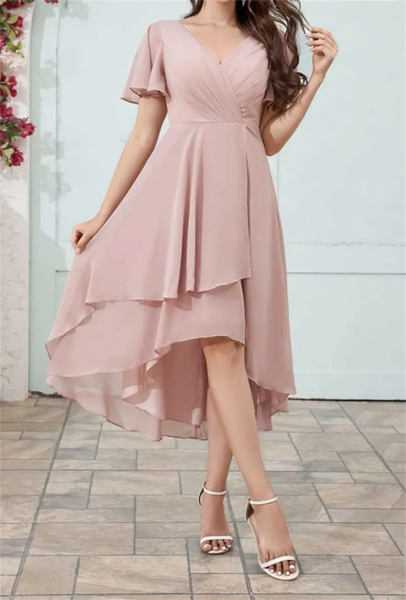 ANYSWBKN Tea Length Bridesmaid Prom Dresses for Juniors V-Neck Short Sleeves Chiffon Evening Formal Gala Garden Gown
