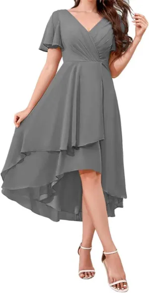 ANYSWBKN Tea Length Bridesmaid Prom Dresses for Juniors V-Neck Short Sleeves Chiffon Evening Formal Gala Garden Gown