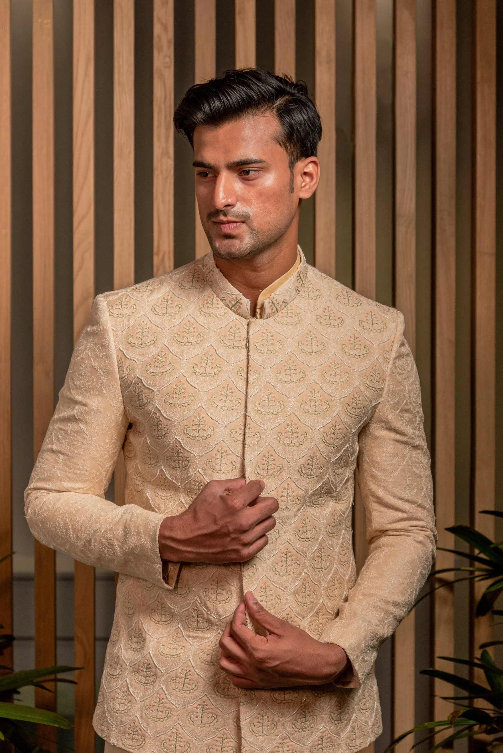 Beige hand embroidered Bandhagala set