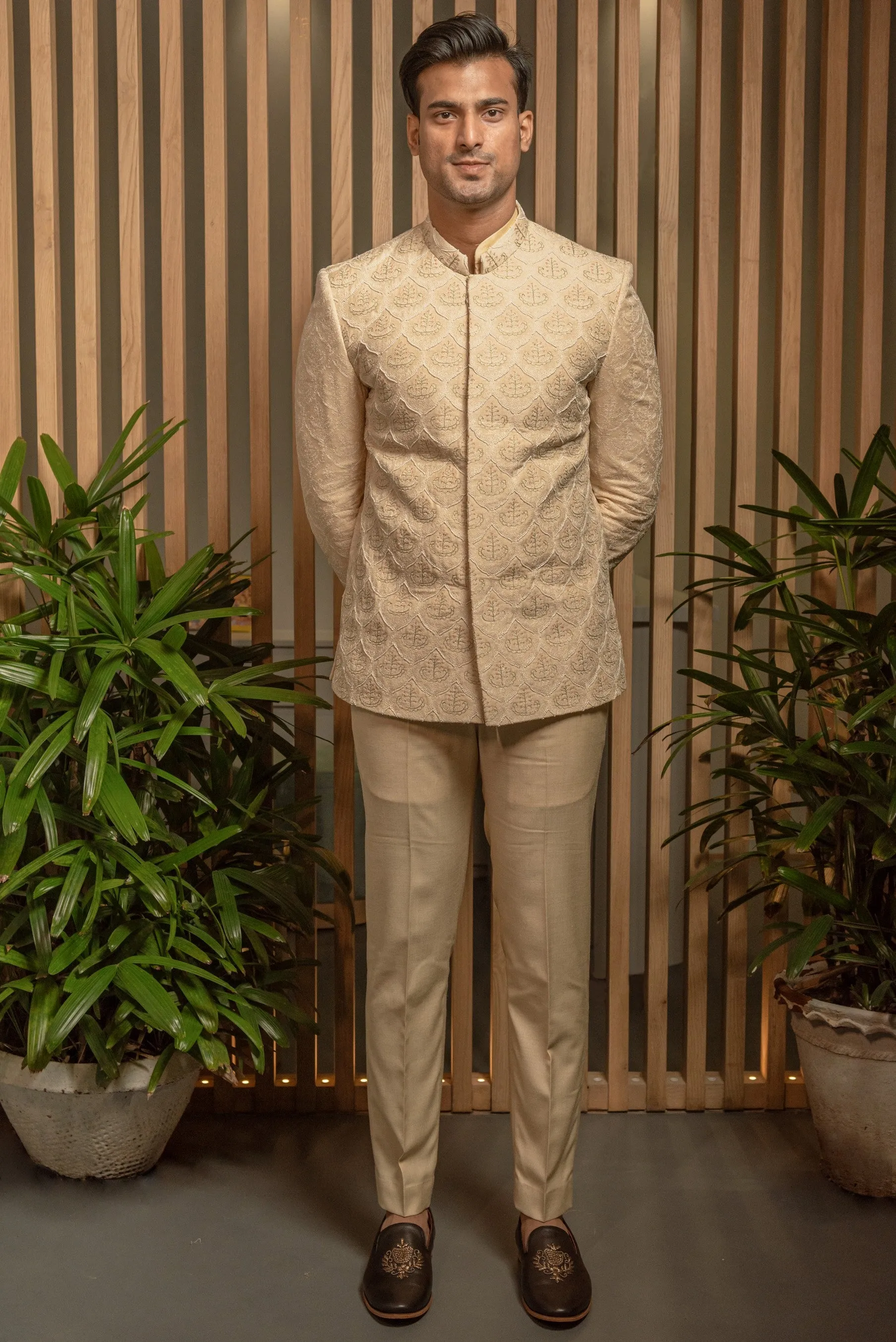 Beige hand embroidered Bandhagala set