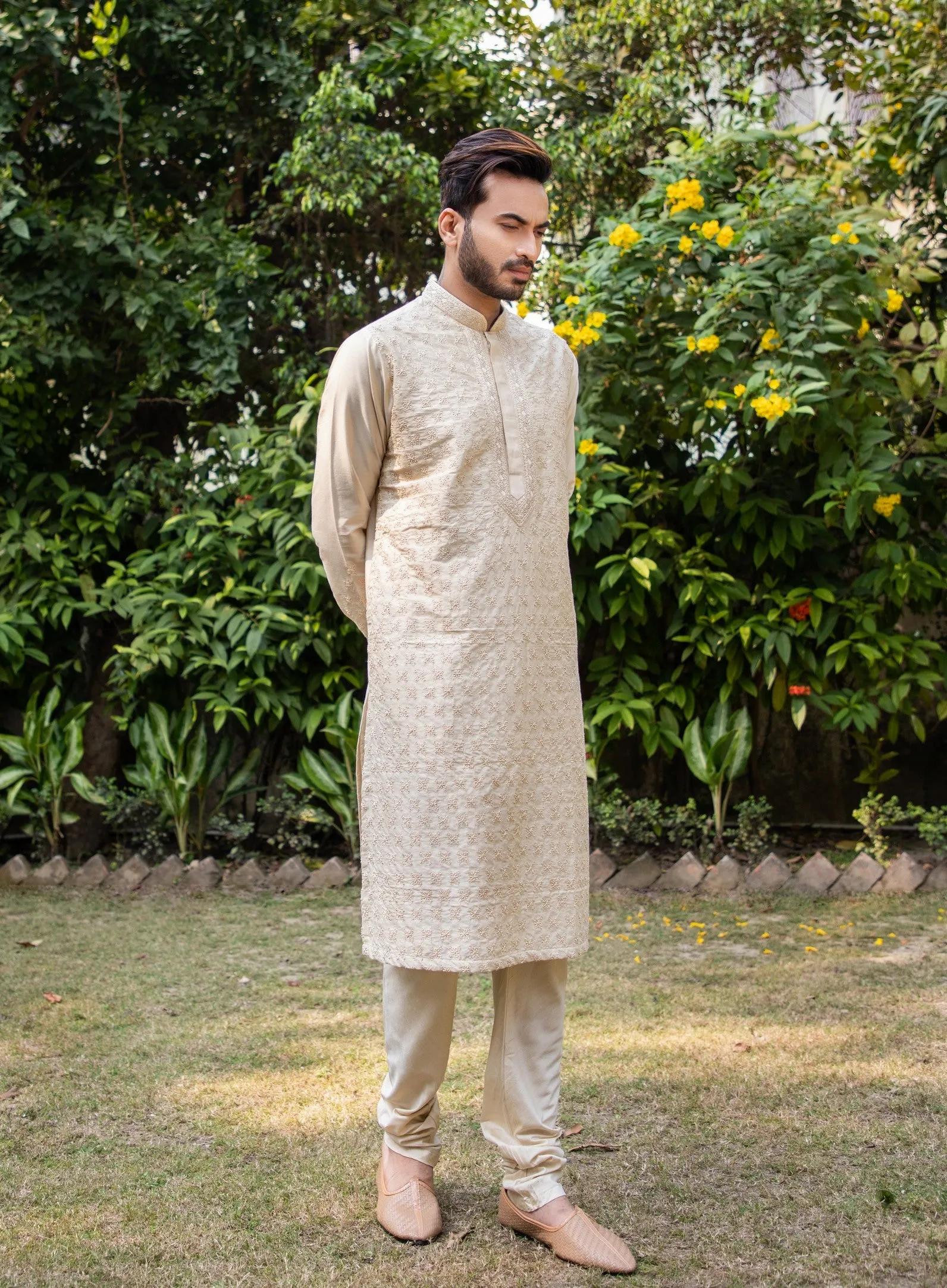 Beige Hand embroidered Kurta set