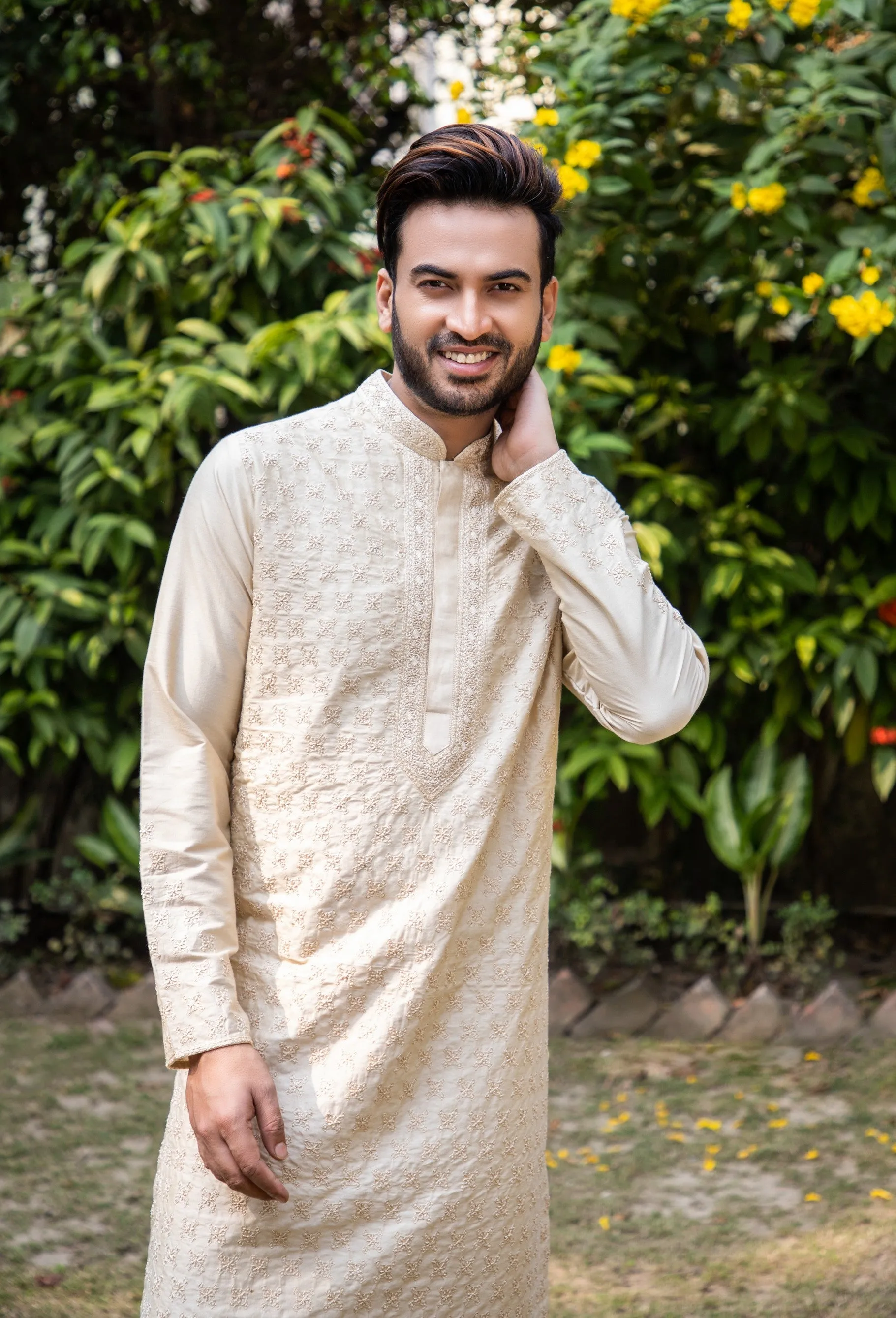 Beige Hand embroidered Kurta set