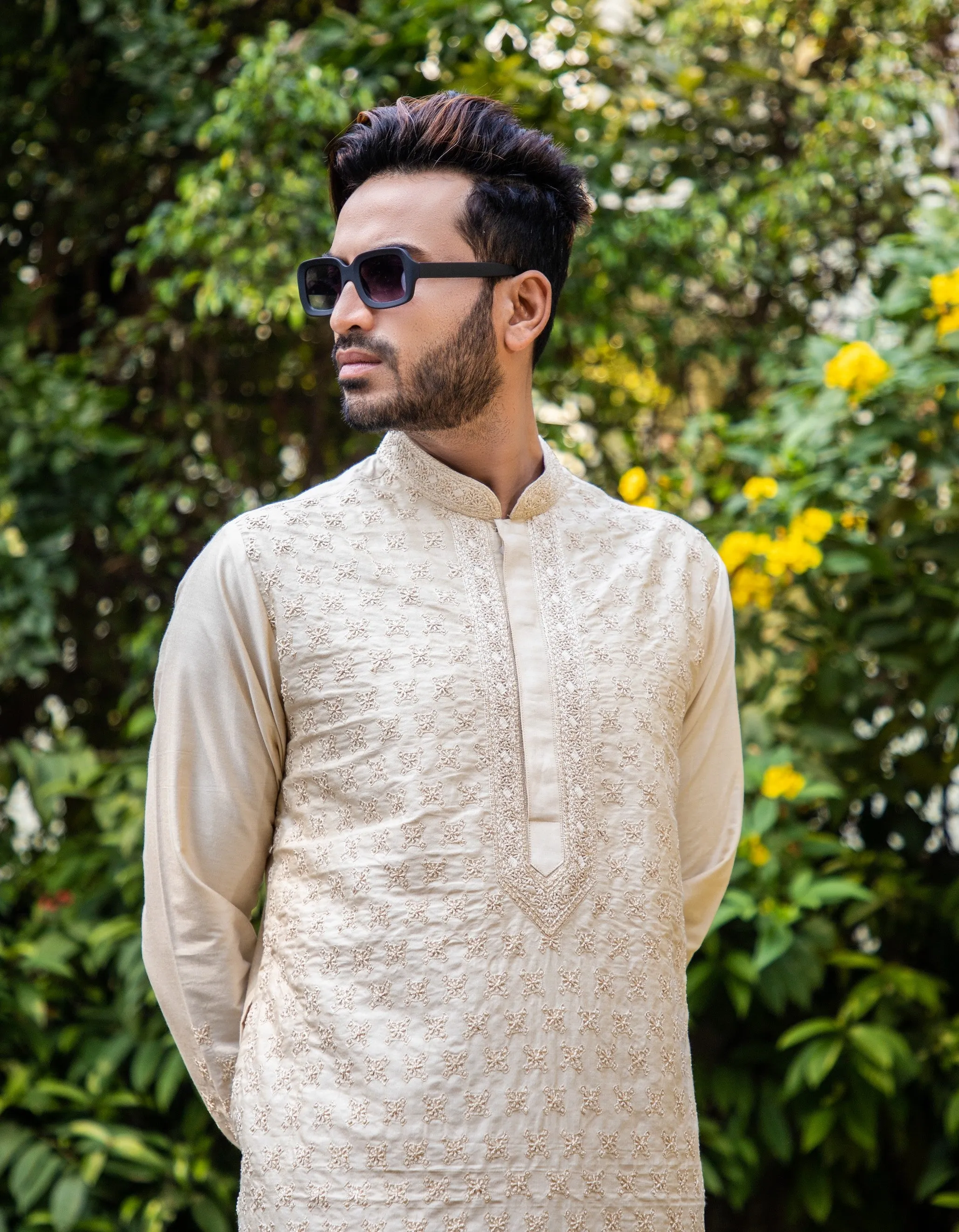Beige Hand embroidered Kurta set
