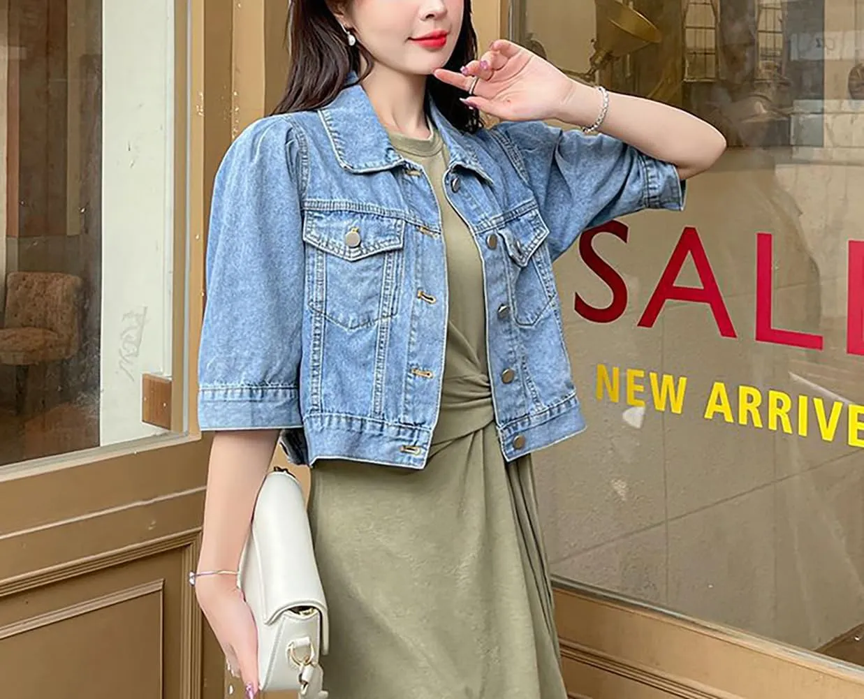 BIKMAN Women's Short Sleeve Denim Jacket Cropped Puff Sleeve Classic Jean Coat