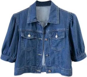BIKMAN Women's Short Sleeve Denim Jacket Cropped Puff Sleeve Classic Jean Coat