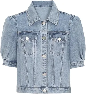 BIKMAN Women's Short Sleeve Denim Jacket Cropped Puff Sleeve Classic Jean Coat