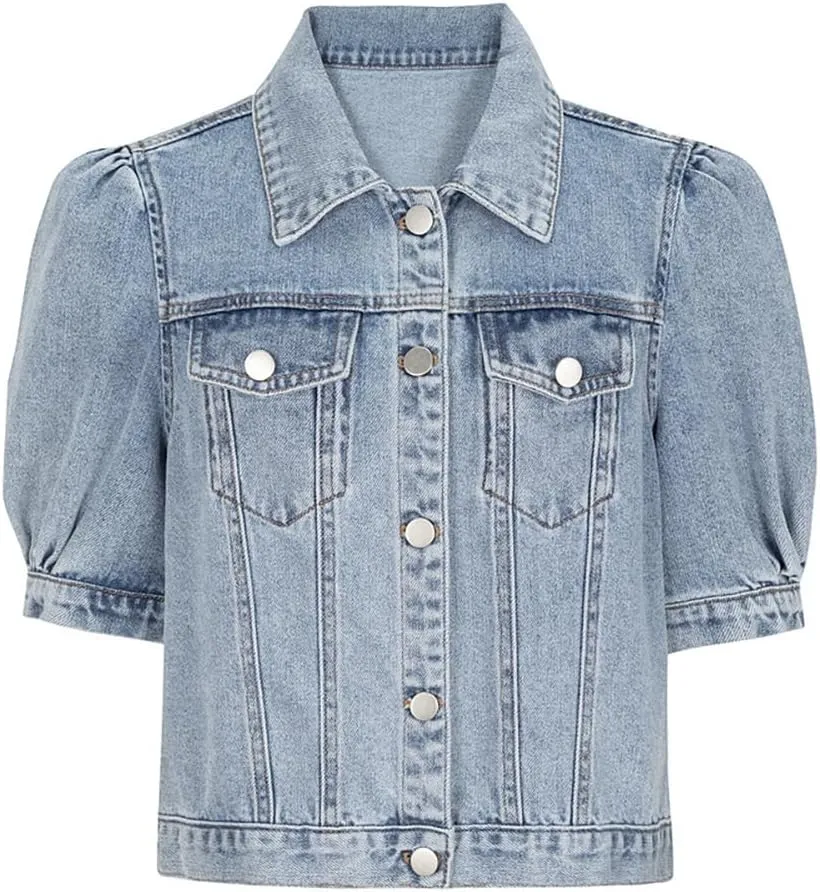BIKMAN Women's Short Sleeve Denim Jacket Cropped Puff Sleeve Classic Jean Coat