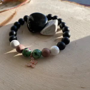 Black Onyx Butterfly Charm Bracelet w/ Rose Gold Accents
