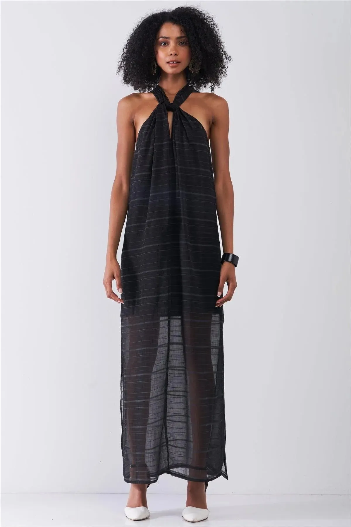 Black Stripped Chiffon Criss-Cross Maxi Dress /1-1-2