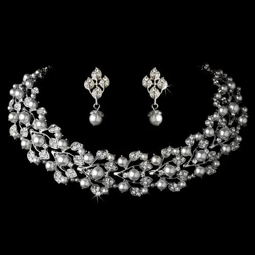 Bridal Wedding Crystal Pearl Necklace & Earrings Set