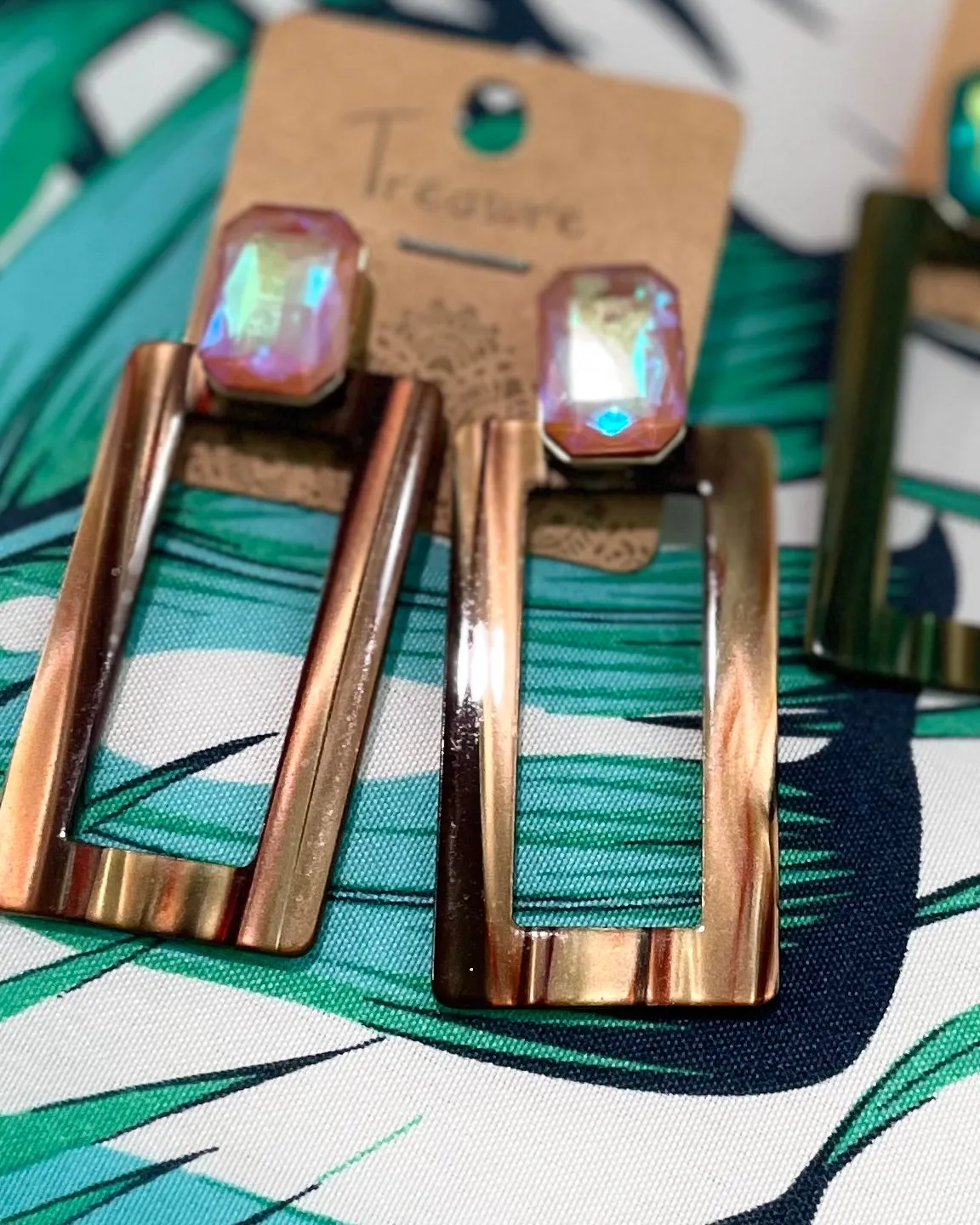 Brown or Green Acrylic Square Post Drop Blue or Pink Rhinestone Earring