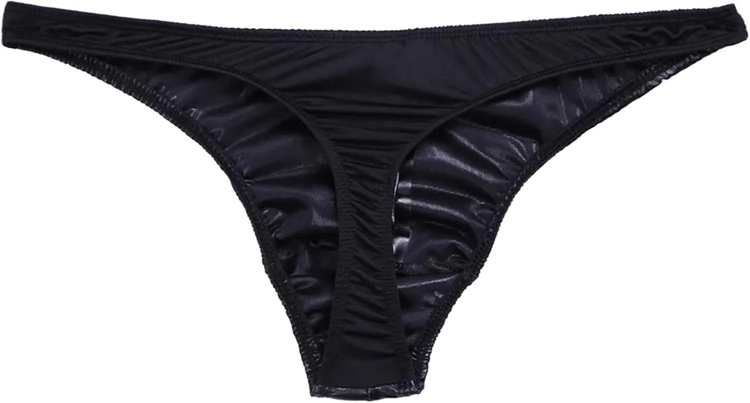 Button Front Thongs for Men Sexy PU Leather Underwear Bulge Pouch Bikini Stretch Breathable Jockstrap Low Waist Brief