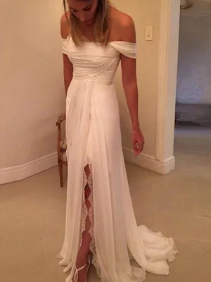 Chiffon Bohemian Beach Off Shoulders Wedding Dress with Side Slit