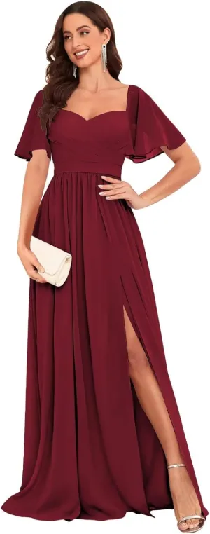 Chiffon Bridesmaid Dresses for Wedding with Short Sleeves Sweetheart Formal Gowns with Slit