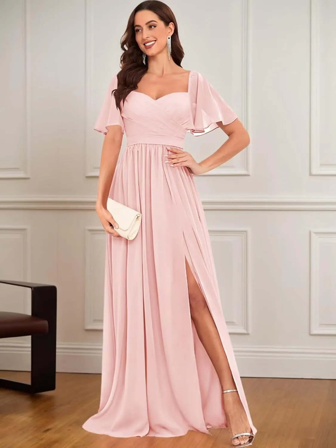Chiffon Bridesmaid Dresses for Wedding with Short Sleeves Sweetheart Formal Gowns with Slit