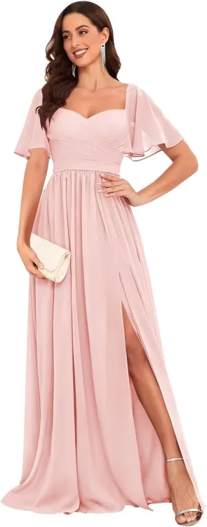 Chiffon Bridesmaid Dresses for Wedding with Short Sleeves Sweetheart Formal Gowns with Slit