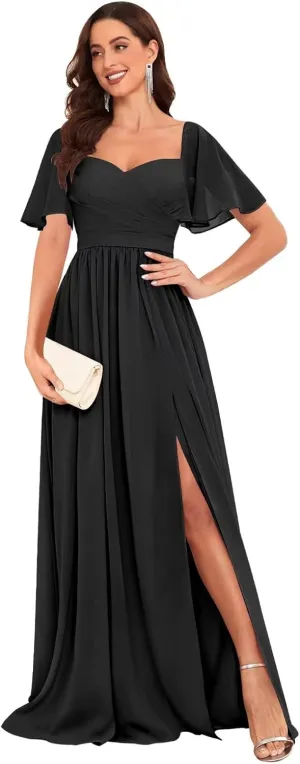 Chiffon Bridesmaid Dresses for Wedding with Short Sleeves Sweetheart Formal Gowns with Slit