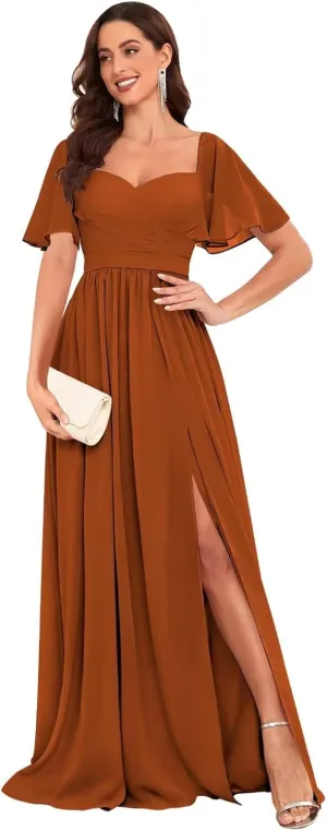 Chiffon Bridesmaid Dresses for Wedding with Short Sleeves Sweetheart Formal Gowns with Slit