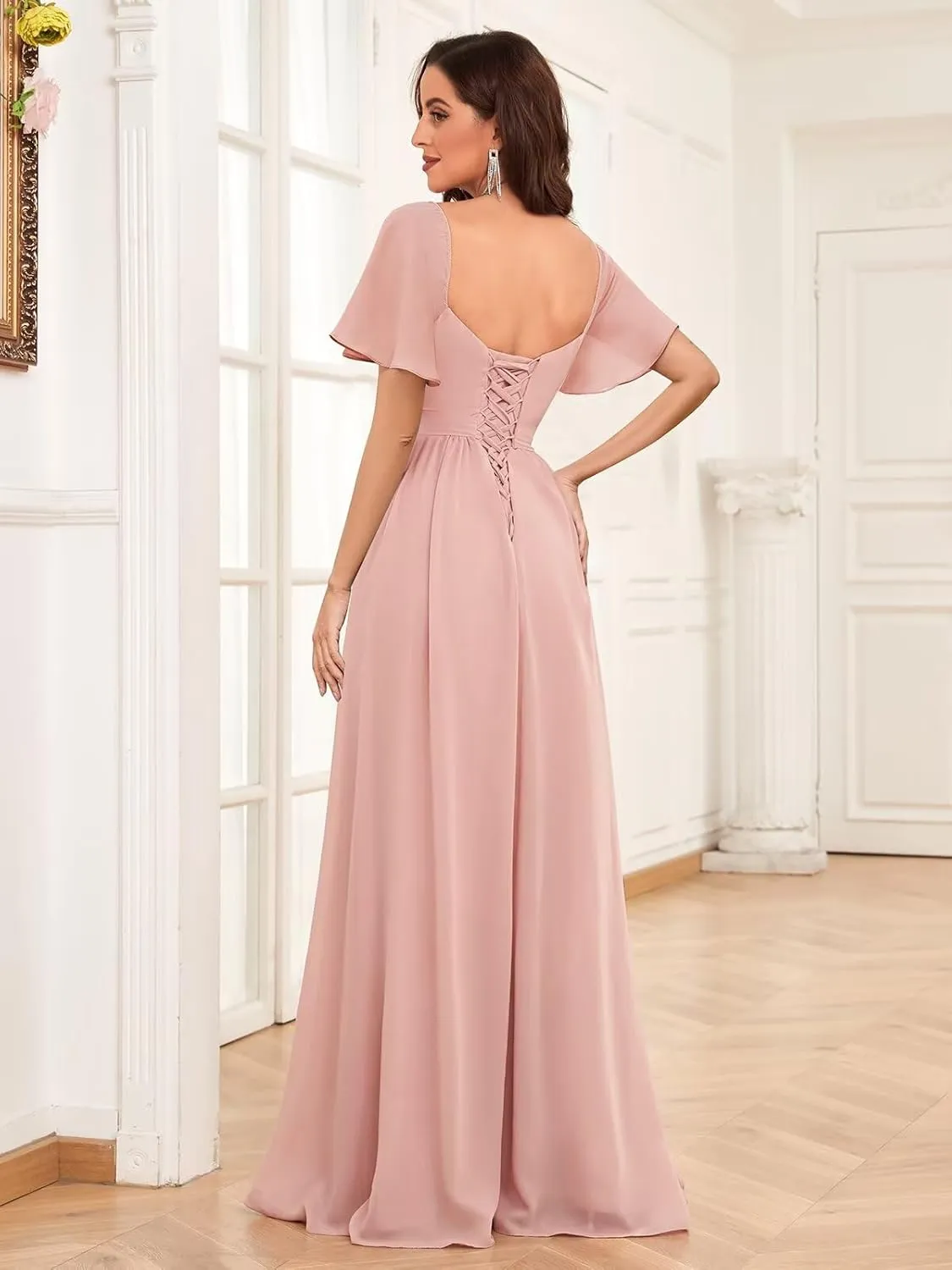 Chiffon Bridesmaid Dresses for Wedding with Short Sleeves Sweetheart Formal Gowns with Slit