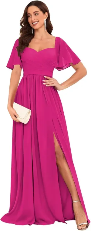 Chiffon Bridesmaid Dresses for Wedding with Short Sleeves Sweetheart Formal Gowns with Slit