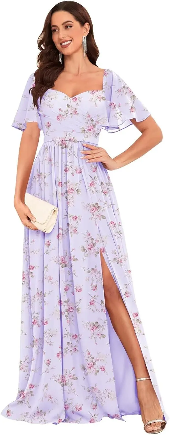 Chiffon Bridesmaid Dresses for Wedding with Short Sleeves Sweetheart Formal Gowns with Slit